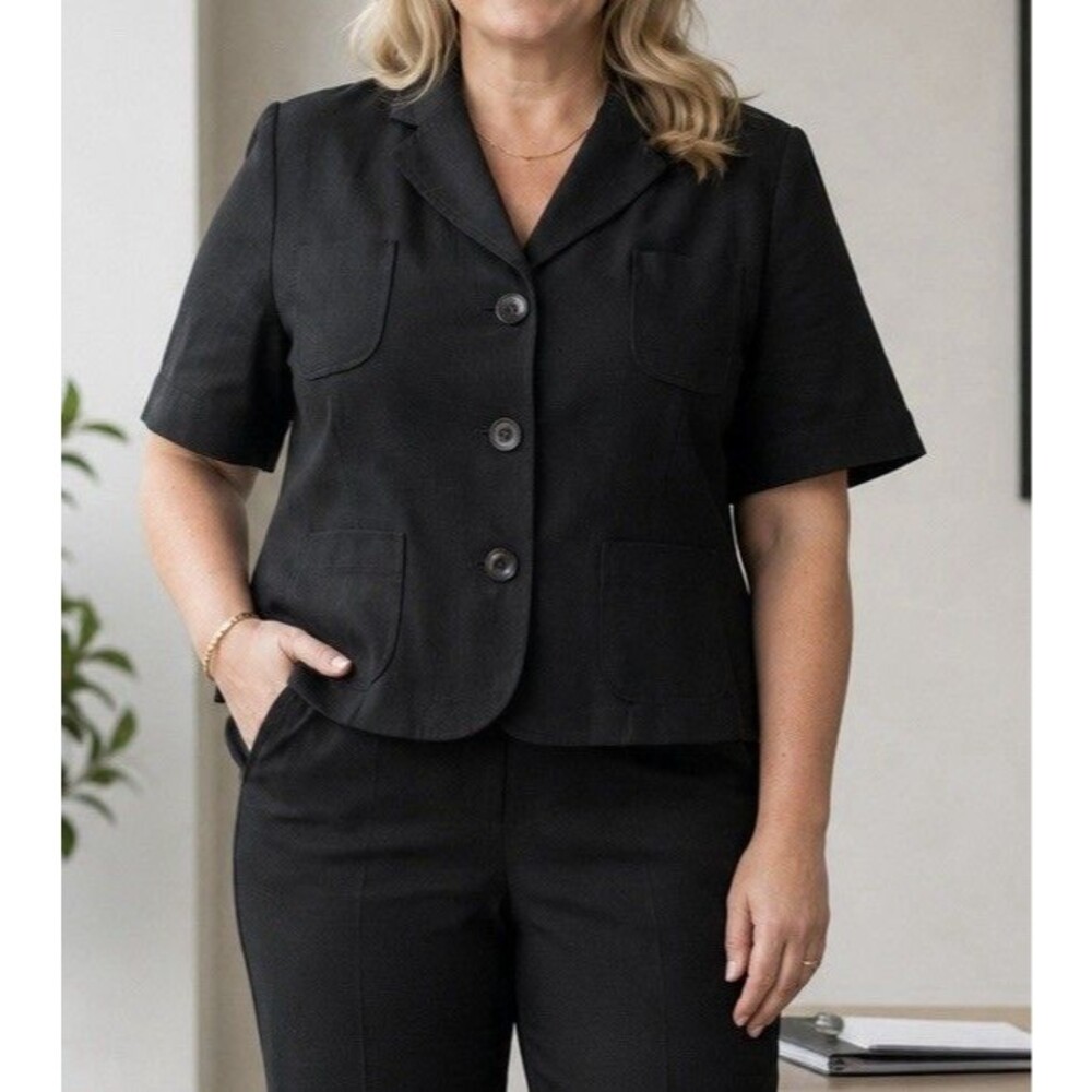 Vintage Harve Benard, Size 12 Black 100% Linen Short Sleeve Buttons Blazer